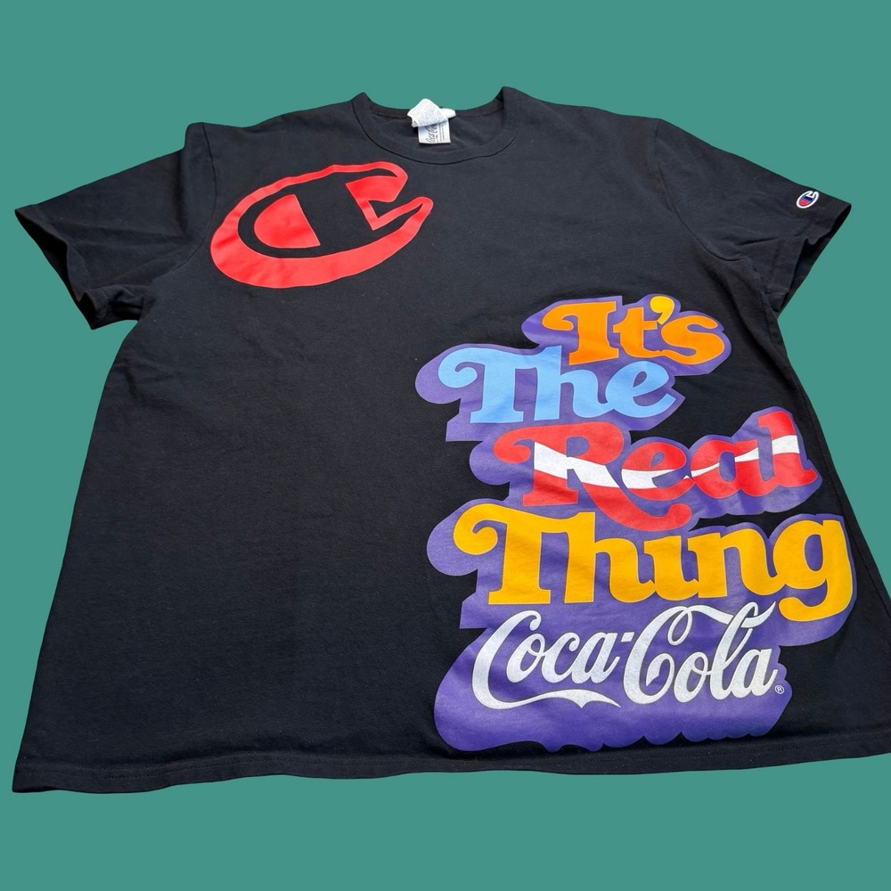 Champion Coca Cola T Shirt XL Black Its The Real Thing Logo Graphic Retro 2 Side